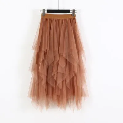 New Design Women Solid Color Irregular Multilayer Mesh Skirt