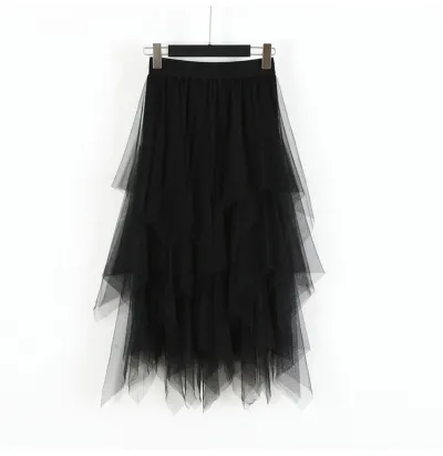 New Design Women Solid Color Irregular Multilayer Mesh Skirt