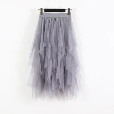 New Design Women Solid Color Irregular Multilayer Mesh Skirt