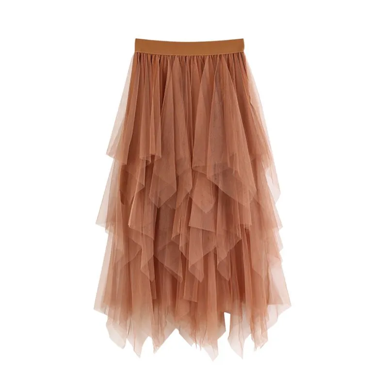 New Design Women Solid Color Irregular Multilayer Mesh Skirt