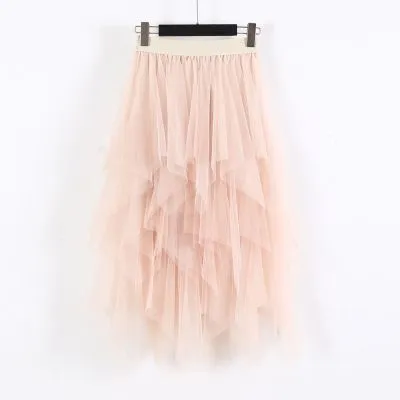 New Design Women Solid Color Irregular Multilayer Mesh Skirt