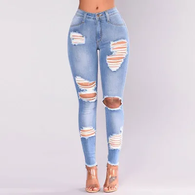 S-3XL Wholesale Women Raw Hem Ripped Denim Pants