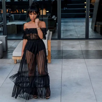Sexy See-through Mesh Off-shoulder Short-sleeve Nightclub Dress