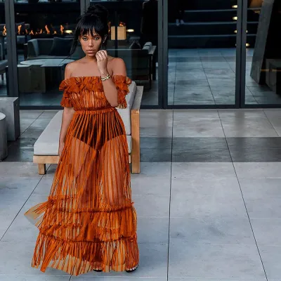 Sexy See-through Mesh Off-shoulder Short-sleeve Nightclub Dress