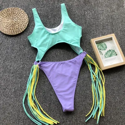 Women Sexy Cut-out Patchwork Tassel Design One-piece Swimwear