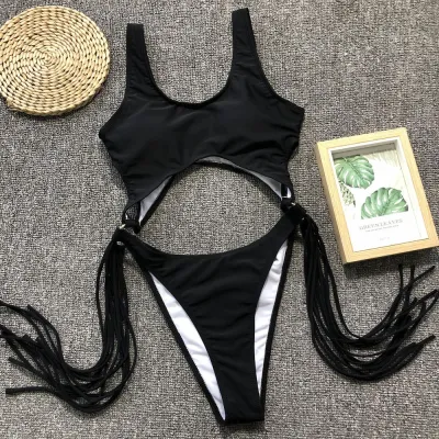 Women Sexy Cut-out Patchwork Tassel Design One-piece Swimwear