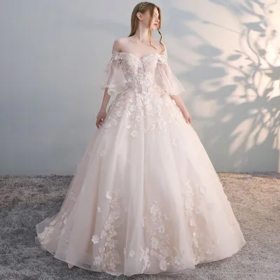 Flower Pattern Off-shoulder Mesh Flare Sleeve Floor Length Wedding Gown
