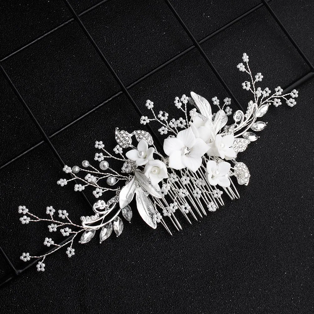 Unique Ceramic Flower Imitation Pearl Wedding Hair Comb for Women