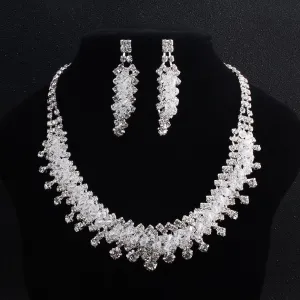 Geometric Rhinestone Wedding Necklace Earrings Set for Women, Alloy Jewelry