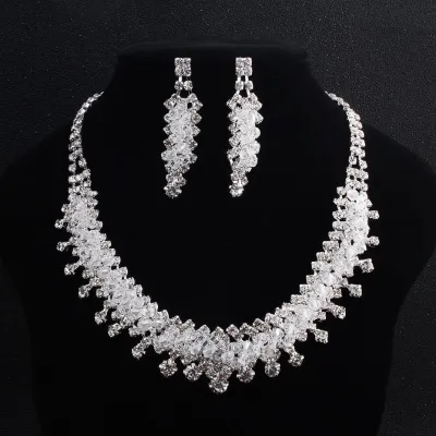 Geometric Rhinestone Wedding Necklace Earrings Set for Women, Alloy Jewelry
