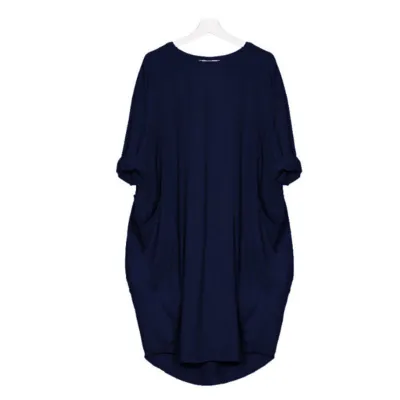 Women Casual Street Hipster Round Neck Long Sleeve Solid Color Loose Dress