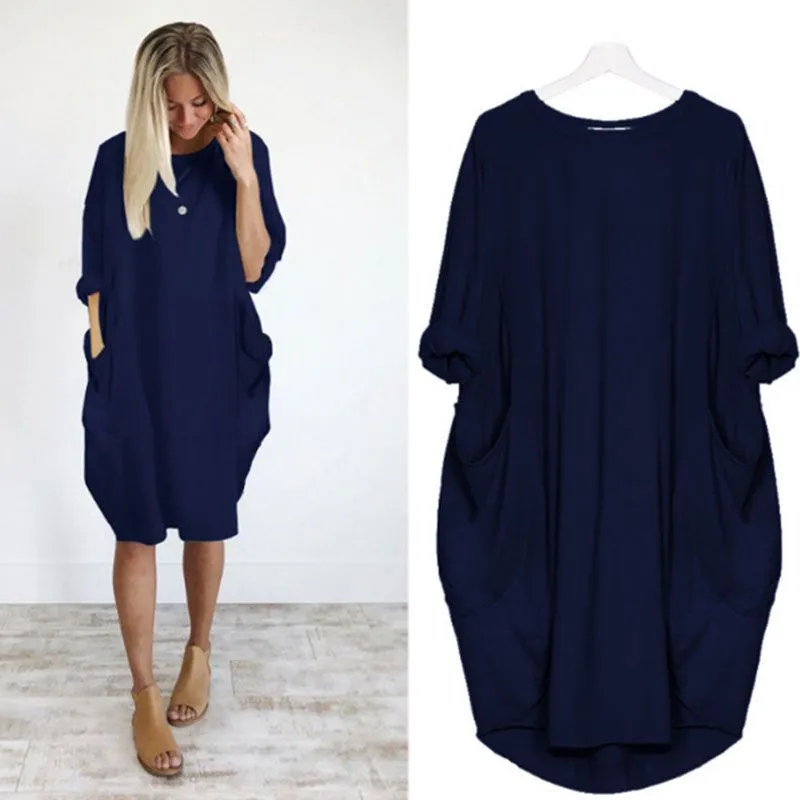 Women Casual Street Hipster Round Neck Long Sleeve Solid Color Loose Dress