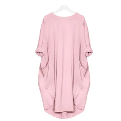 Women Casual Street Hipster Round Neck Long Sleeve Solid Color Loose Dress