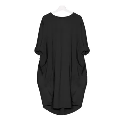 Women Casual Street Hipster Round Neck Long Sleeve Solid Color Loose Dress