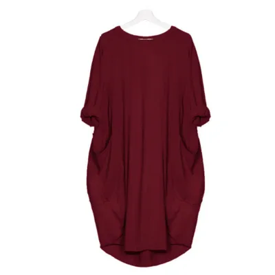 Women Casual Street Hipster Round Neck Long Sleeve Solid Color Loose Dress