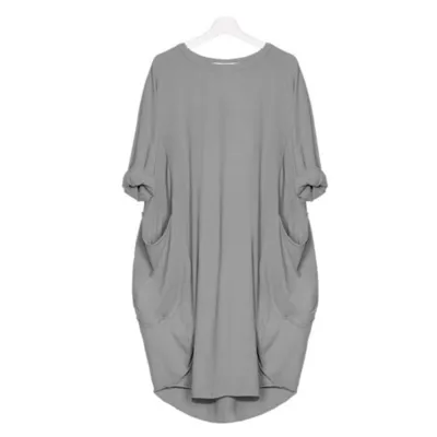 Women Casual Street Hipster Round Neck Long Sleeve Solid Color Loose Dress