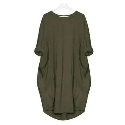 Women Casual Street Hipster Round Neck Long Sleeve Solid Color Loose Dress