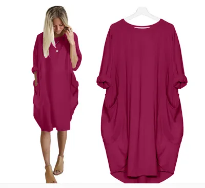 Women Casual Street Hipster Round Neck Long Sleeve Solid Color Loose Dress