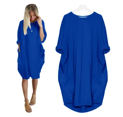 Women Casual Street Hipster Round Neck Long Sleeve Solid Color Loose Dress