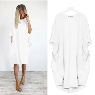 Women Casual Street Hipster Round Neck Long Sleeve Solid Color Loose Dress