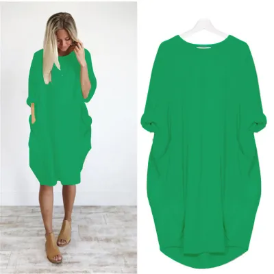 Women Casual Street Hipster Round Neck Long Sleeve Solid Color Loose Dress