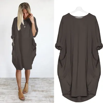 Women Casual Street Hipster Round Neck Long Sleeve Solid Color Loose Dress
