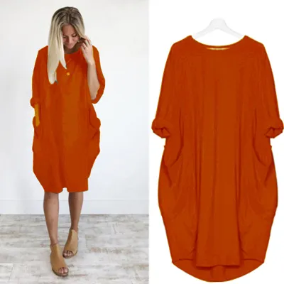 Women Casual Street Hipster Round Neck Long Sleeve Solid Color Loose Dress