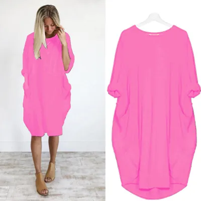 Women Casual Street Hipster Round Neck Long Sleeve Solid Color Loose Dress