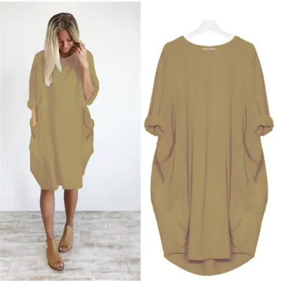 Women Casual Street Hipster Round Neck Long Sleeve Solid Color Loose Dress
