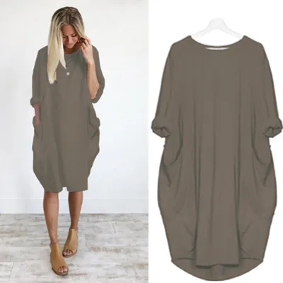 Women Casual Street Hipster Round Neck Long Sleeve Solid Color Loose Dress