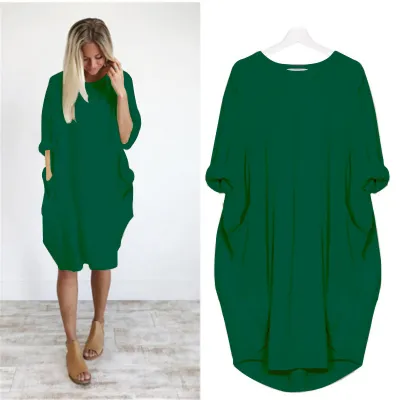 Women Casual Street Hipster Round Neck Long Sleeve Solid Color Loose Dress