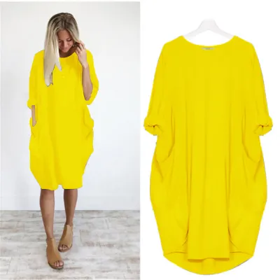 Women Casual Street Hipster Round Neck Long Sleeve Solid Color Loose Dress