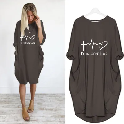 S-5XL Plus Size Women Fashion Letter Print Long Sleeve Loose Street Dress