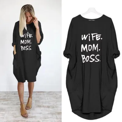 S-5XL Plus Size Women Casual Pocket Design Long Sleeve A-Line Dress