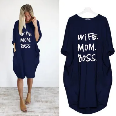 S-5XL Plus Size Women Casual Pocket Design Long Sleeve A-Line Dress