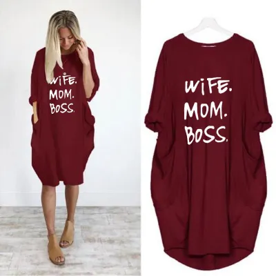 S-5XL Plus Size Women Casual Pocket Design Long Sleeve A-Line Dress