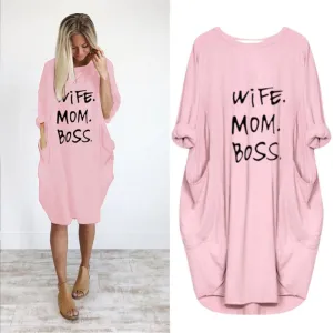 S-5XL Plus Size Women Casual Pocket Design Long Sleeve A-Line Dress
