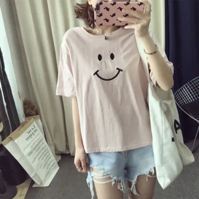 Unique Smiling Face Design Women Solid Color Half-sleeve T-shirt