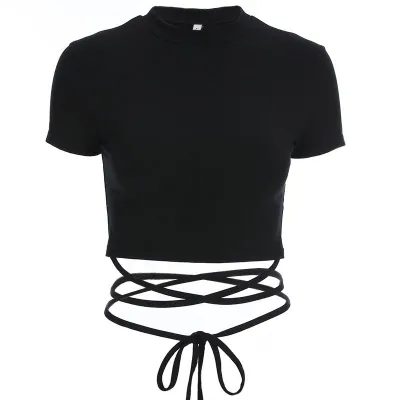 Women Short-sleeve Lace Up Crop Top Slim Fit Polyester