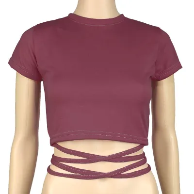 Women Short-sleeve Lace Up Crop Top Slim Fit Polyester