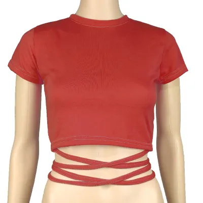 Women Short-sleeve Lace Up Crop Top Slim Fit Polyester