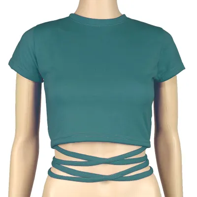 Women Short-sleeve Lace Up Crop Top Slim Fit Polyester