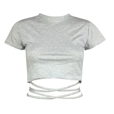 Women Short-sleeve Lace Up Crop Top Slim Fit Polyester