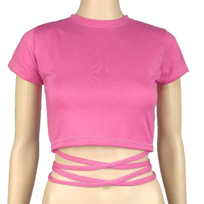 Women Short-sleeve Lace Up Crop Top Slim Fit Polyester