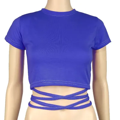 Women Short-sleeve Lace Up Crop Top Slim Fit Polyester