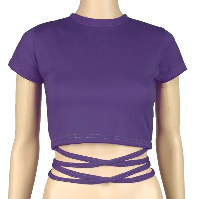 Women Short-sleeve Lace Up Crop Top Slim Fit Polyester