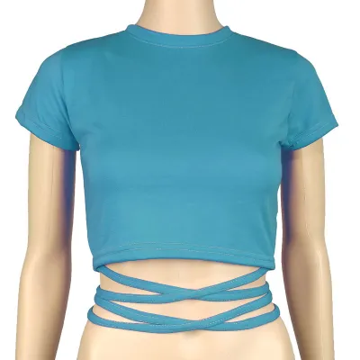Women Short-sleeve Lace Up Crop Top Slim Fit Polyester