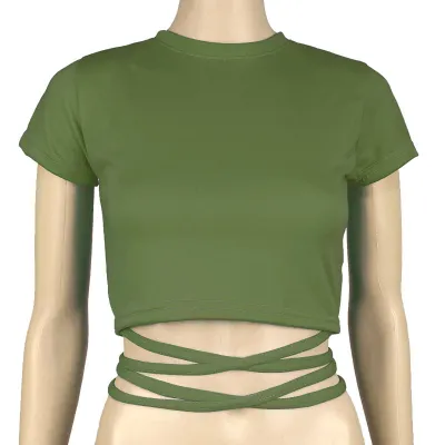 Women Short-sleeve Lace Up Crop Top Slim Fit Polyester
