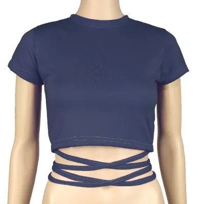 Women Short-sleeve Lace Up Crop Top Slim Fit Polyester