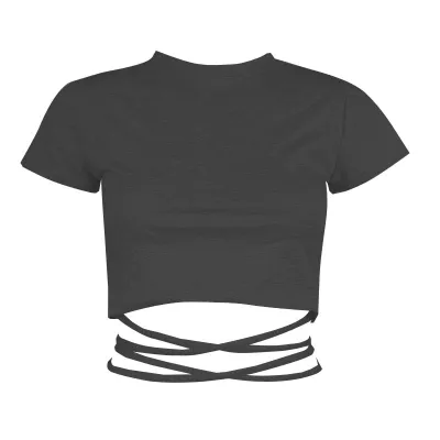 Women Short-sleeve Lace Up Crop Top Slim Fit Polyester